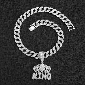 Full Diamond Hip Hop KING Crown Letter Pendant Cuban Necklace